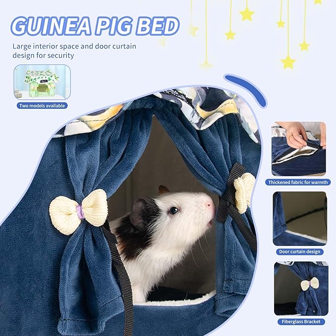 Guinea Pig Bed with Curtain Machine Washable Soft Cozy Chinchilla Bed Hedgehog Beds - Spacious Privacy House Small Animal Hideout for Ferret Hamster Rat Sugar Glider Dwarf Rabbit (Blue, Small)