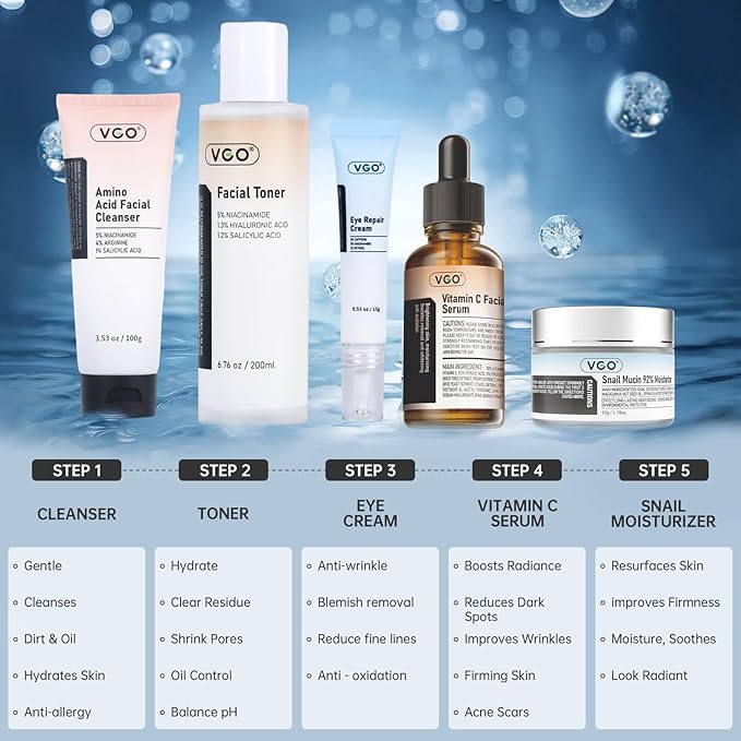 VGO Skin Care Set, Anti-Aging Moisturizing Repairing Soothing Snail Mucin Facial Skin Care Routine Kit for Dry Sensitive Dull Skin, 13.58 Fl Oz