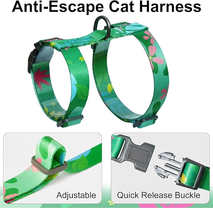 Cat Harness and Leash Set with Matching Collar – Escape Proof Harness for Cats, Adjustable & Lightweight, Tropical Hawaiian Leaf Print, Easy Wear for Outdoor Walking & Training