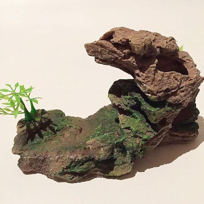 IBWell Aquarium Ornament, Mountain View Stone with Moss Tree Rock Cave Landscape Artificial Fish Tank Decoration