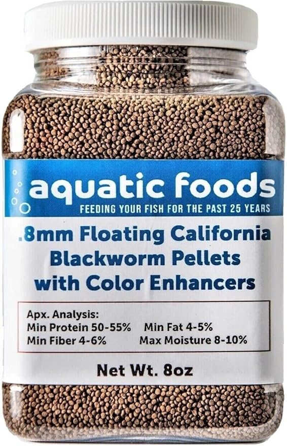 Aquatic Foods Inc. 0.8mm Floating Blackworm Pellets with Color Enhancers & Vitamins for Discus, Cichlids, All Tropicals, Koi and Pond Fish…8oz Small Jar