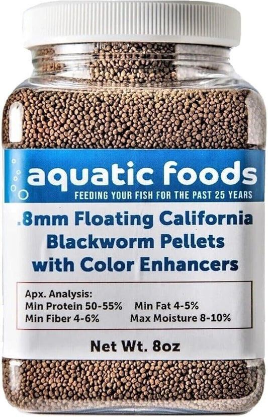 Aquatic Foods Inc. 0.8mm Floating Blackworm Pellets with Color Enhancers & Vitamins for Discus, Cichlids, All Tropicals, Koi and Pond Fish…8oz Small Jar