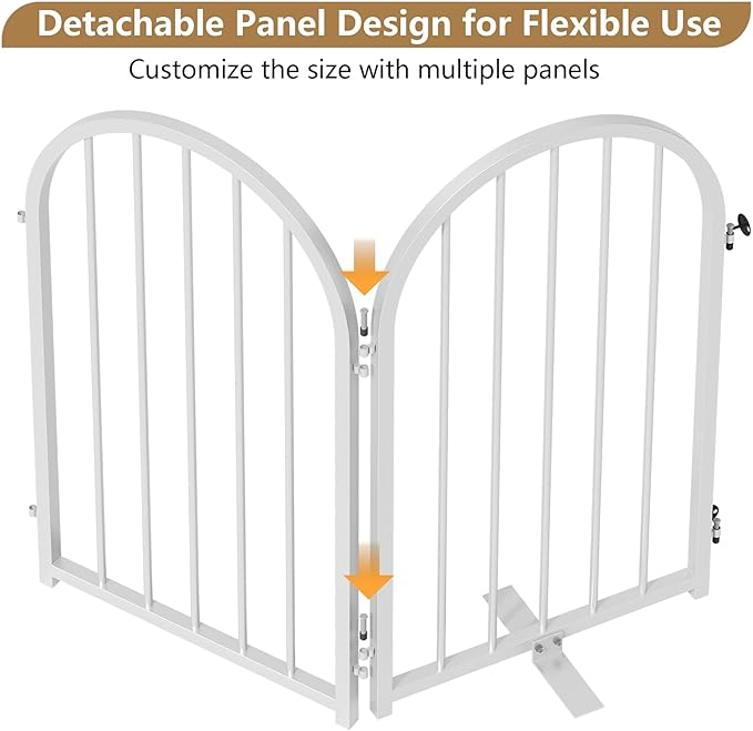 Full Metal Dog Gate with Door for Indoor Outdoor, 24" Tall Free Standing Pet Dog Fence, 72" Extra Wide Pet Gates for Stairs, Hallways, Doorways, Kitchen, Decks, Yards (White, 4 Panels)