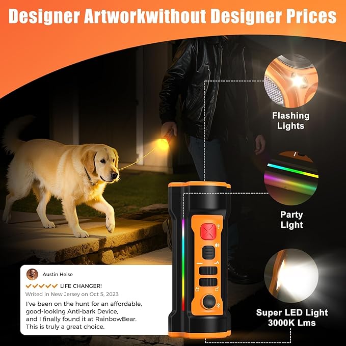Dog Bark Deterrent Devices 2025 Release Anti Barking Device for Dogs Barking Silencer in 55FT 3X Head Anti Bark Device with Flashlight &Party Flashlight Portable Training Tool