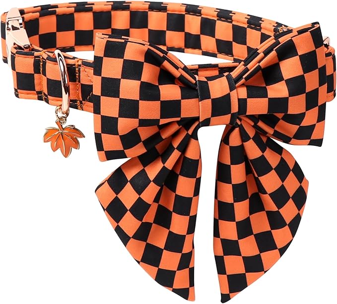DOGWONG Cotton Orange Plaid Dog Collar, Fall Checkered Dog Collar with Bow Halloween Dog Collars Puppy Necklace for Female Small Medium Large Dogs
