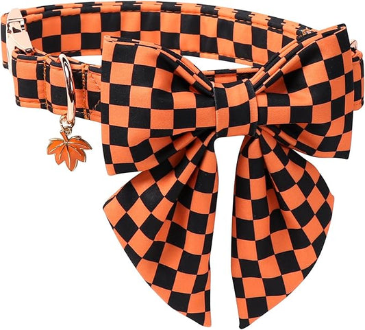 DOGWONG Cotton Orange Plaid Dog Collar, Fall Checkered Dog Collar with Bow Halloween Dog Collars Puppy Necklace for Female Small Medium Large Dogs