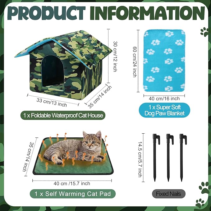 Outdoor Cat House Weatherproof Insulated Feral Cat Shelter Self Heating Pet House with Self Warming Pad Blanket Stake Winter Camouflage Collapsible Pet Shelter 14" x 13" x 12" (S Size)