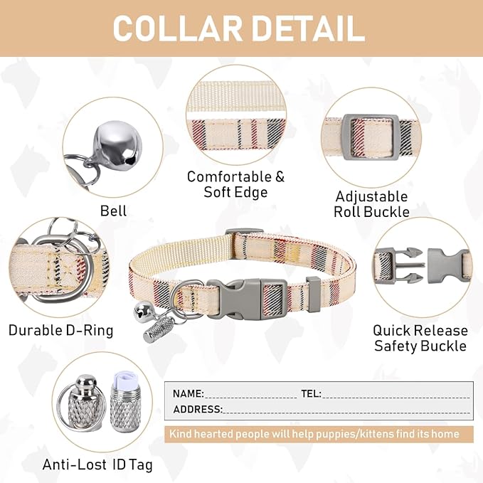 GAMUDA Small Dog Harness Collar and Leash Set, Step in No Chock No Pull Soft Mesh Adjustable Dog Vest Harnesses Plaid Reflective for Dogs Puppy Cats Kitten Rabbit (Beige, XL)