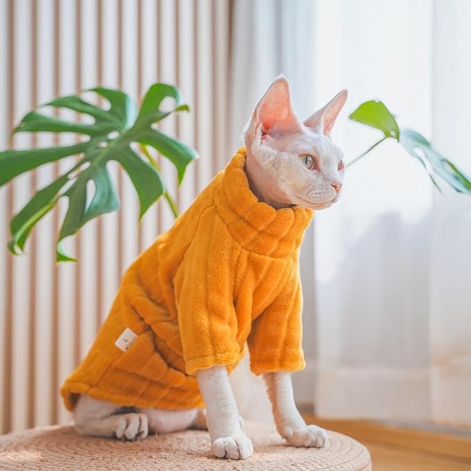Turtleneck Sweater for Sphynx Cat Soft Coral Fleece Cat Clothes Thick Winter Warm Outfit Coat for Hairless Cats and Small Dogs Apparel with Sleeves (Orange, XXL (13.3-16 lbs))