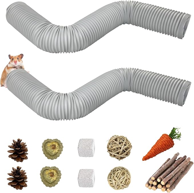 PINVNBY Plastic Hamster Cage Tunnels with Chew Toy,2 PCS Small Animal Folding Tube Guinea Pigs Training Hideout Tunnel 19 PCS Ferrets Cage Accessories for Mouse Gerbils Rats Mice(Gray)