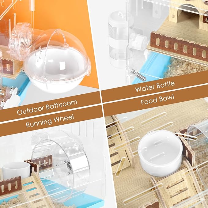 Acrylic Hamster Cage Small Hamster Habitat 360 Viewing Hamster Enclosure with Running Wheel & Chewproof Hideout for Dwarf, Guinea Pig, Gerbils, Blue, 13.3" L*10.2" W*12.4" H