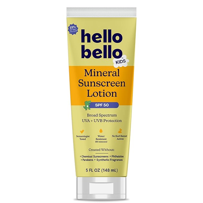 Hello Bello Kids Mineral SPF 50 Sunscreen Lotion with Broad Spectrum UVA + UVB Protection, Water Resistant and Reef Friendly Sun Protection for Babies and Kids, 5 fl oz (Pack of 1)
