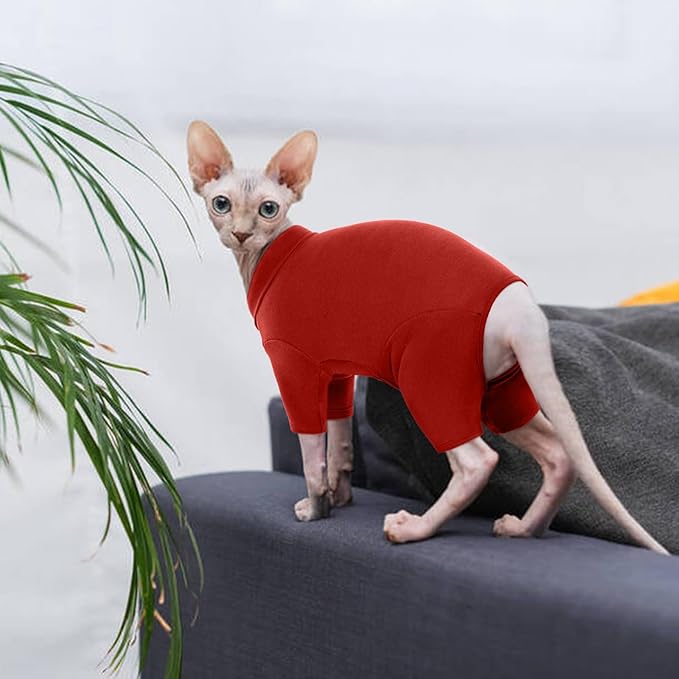 ROZKITCH Sphynx Cat Pajamas Christmas, Breathable Soft Cat Jumpers for Cats Only, Coat with Four Legs, Warm Sweater T-Shirt Pajamas Jumpsuit Vest Cornish Rex Devon Rex Peterbald Red XS