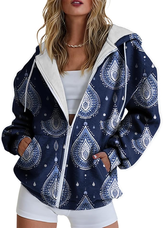 Hoodies for Women Zip Up Long Sleeve Hoodied Sweatshirt with Pockets Retro Graphic Women's Sweatshirt Trendy