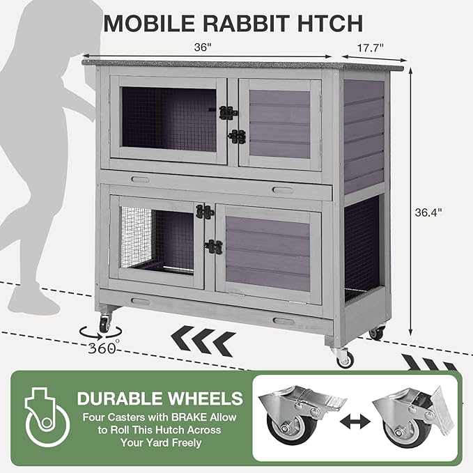 Rabbit Hutch with Trap Door Indoor Rabbit Cage with 4 Casters Bunny cage 2 Story & 2 Trays Guinea Pig Cage 36 inchs Bunny Cage