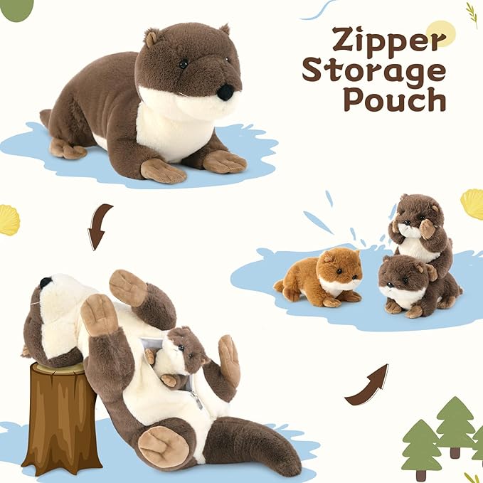 4Pcs Otter Stuffed Animal Set- 24 Inch Mommy Otter Plush with 3 Cute Babies - Lifelike and Cuddly River Otter Plush Toy - Birthday Christmas Party Favor Gifts