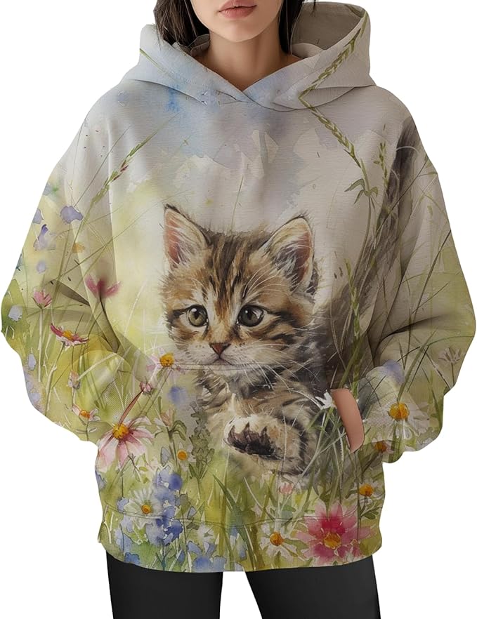 Womens Funny Cat Hoodies Oversized Graphic Hooded Sweatshirt for Women Fall Plus Size Pullover Hoodie Y2K