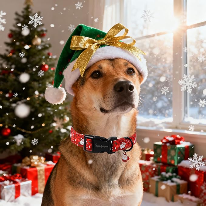 Unique Style Paws Christmas Dog Collar Plastic Buckle with Pendant Red Hat Christmas Man Cotton Puppy Collars for Small Medium Large Dogs