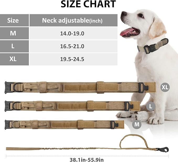 Tactical Dog Collar and Leash Set Heavy Duty Military Dog Collar with Handle and Metal Buckle for Medium and Large Dogs (Brown, M)