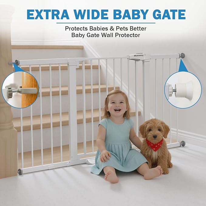 Mumeasy 29.7-57" Extra Wide Baby Gate for Doorways, Auto Close Dog Gate Indoor for Stairs, No-Drill Pressure Mounted Pet Gate with Door, Easy Walk Thru Long&Large Safety Gate for House, Outdoor, White