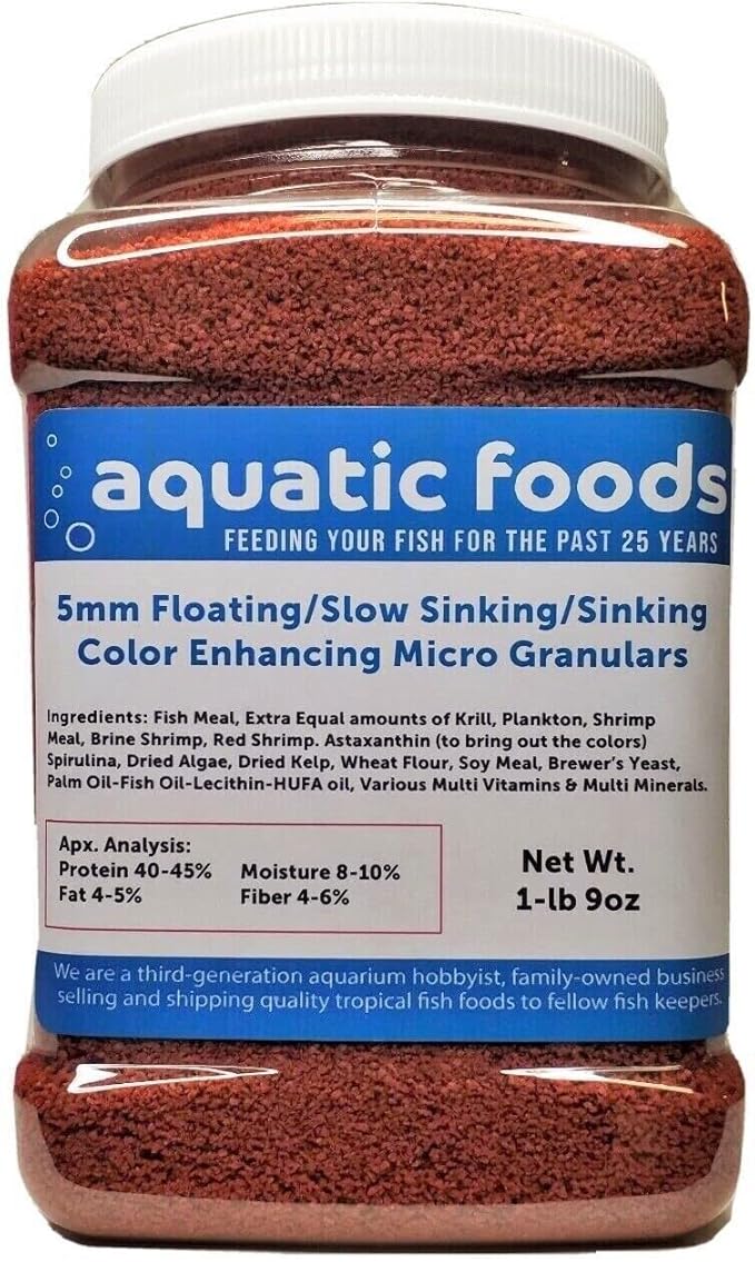 Aquatic Foods Inc. .5mm Floating/Slow Sinking/Sinking Color Enhancing Micro Granules for Discus, Cichlids All Tropicals, Koi and Pond Fish…1-lb & 9oz Med Jar