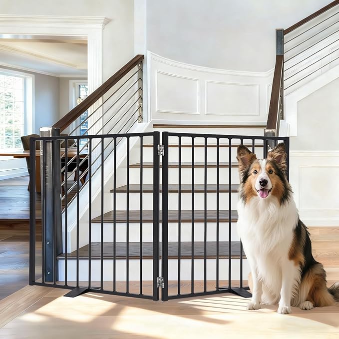 52" Extra Wide Dog Gate, Heavy Duty Metal Freestanding Dog Gate with Door for Indoor & Outdoor, Foldable Pet Fence for Stairs, Doorways,House,Porch,Deck,Yard, Auto Close(2 Panels,Black)