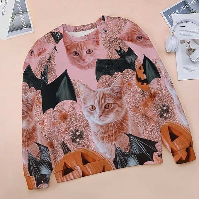 Halloween Sweatshirts for Women Black Cat Print Pullover Crewneck Oversized 2024 Fall Fashion Casual Warm Shirt