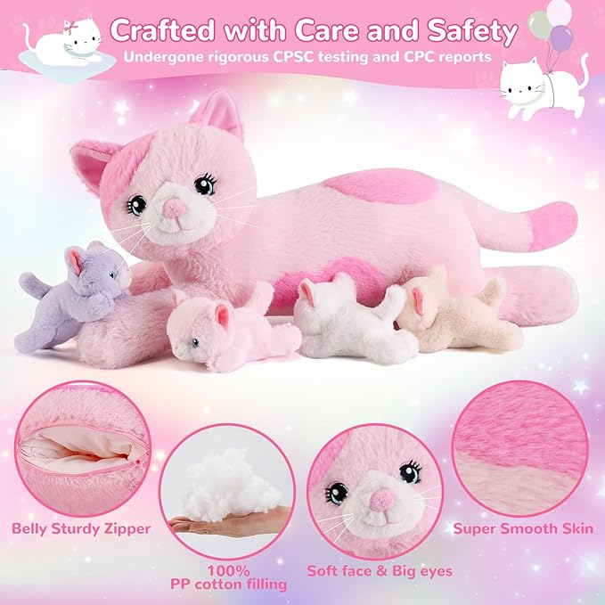 5 Pieces Cat Stuffed Animals with Babies Inside Belly - 1 Mommy Stuffed Cat with 4 Kittens - Stuffed Kitty Plush Toys for Kid Age 3-8, Gift Ideal for Christmas, Valentine's, Birthday (Pink)