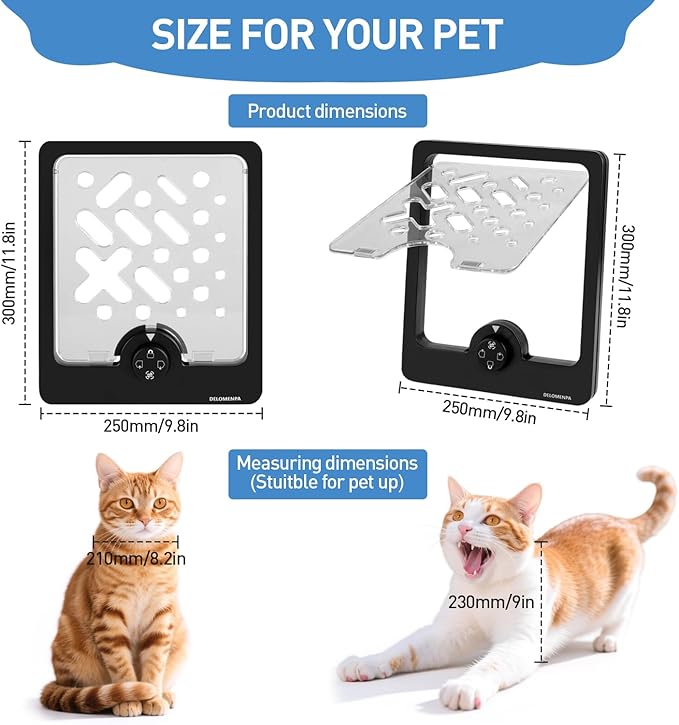 4-Way Locking Cat Door for Thin Materials - Adjustable Pet Door Flap fits Screens, Boxes & Carriers, 8x12 Inch Small Door for Crates, Litter Box Enclosures & DIY Pet Rooms (New Box)
