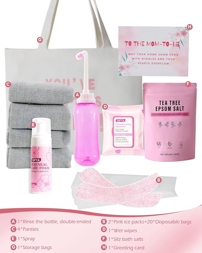 Postpartum Essentials Kit - Peri Bottle,Perineal Ice Packs,Perineal Healing Foam,Disposable Underwears,Cooling Pad Liners,Bath Salts,Canvas Bag,Card,Postpartum Gifts for Mom