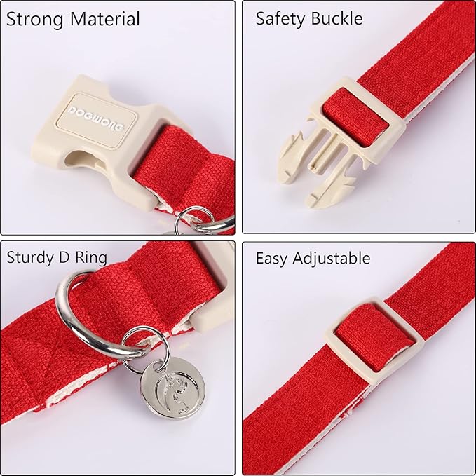 DOGWONG Cotton Hemp Dog Collar, Heavy-Duty Red Dog Collar Adjustable Soft Natural Fabric Pet Dog Collar Cute Wedding Puppy Necklace for Small Medium Large Dogs