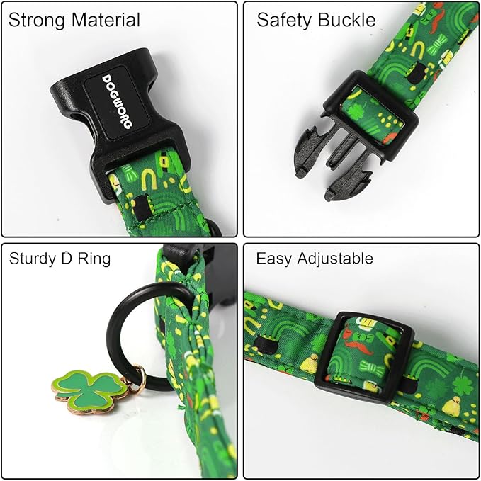 DOGWONG St Patrick's Dog Collar- Green Clovers Dog Collar, Adjustable Cotton Shamrock Pet Collar Cute Lucky Charm Puppy Collars for Small Medium Large Dogs