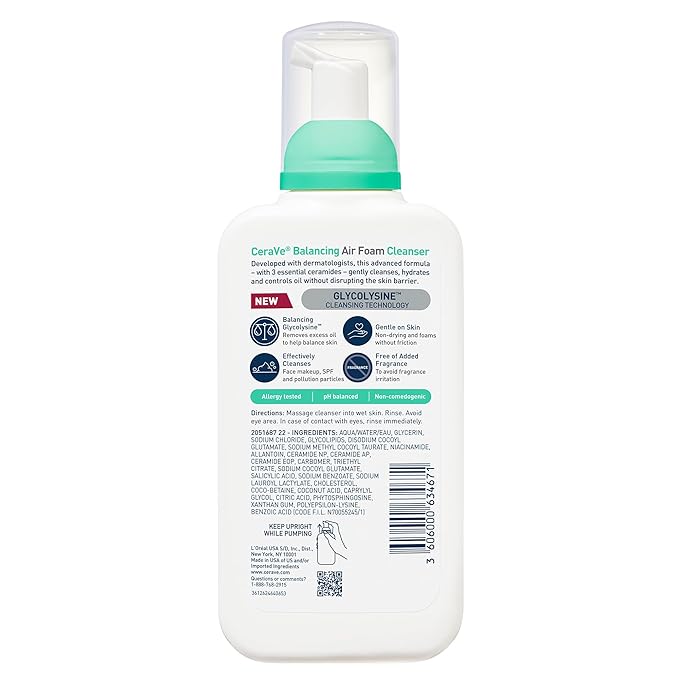 CeraVe Balancing Air Foam Face Wash,Foaming Facial Cleanser Combination Skin,8HR Oil Control,24HR Hydration,Fragrance-Free & Non-Comedogenic,With Glycolysine™ & 3 Essential Ceramides,8oz,(Pack of 2)