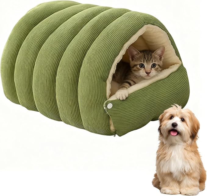 Cat Dog Cave Bed, 2026 New Winter Cave for Cat and Small Dog, Warm Plush Covered Cat House with Removable Cushion,Soft Calming Indoor Cat Bed (Green, M(14 * 12 * 8inch)