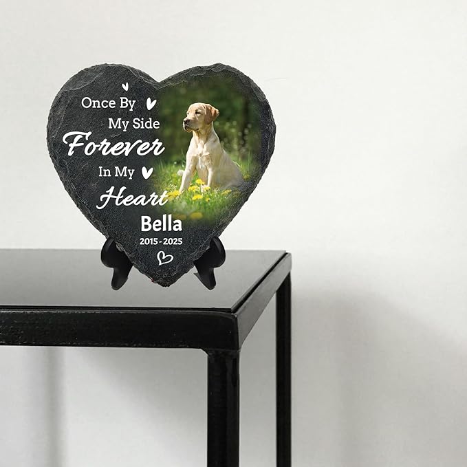 Personalized Pet Memorial Heart Stone Plaque with Stand, Custom Photo Remembrance Tribute Gift，Dog Cat Loss Sympathy Bereavement Gifts