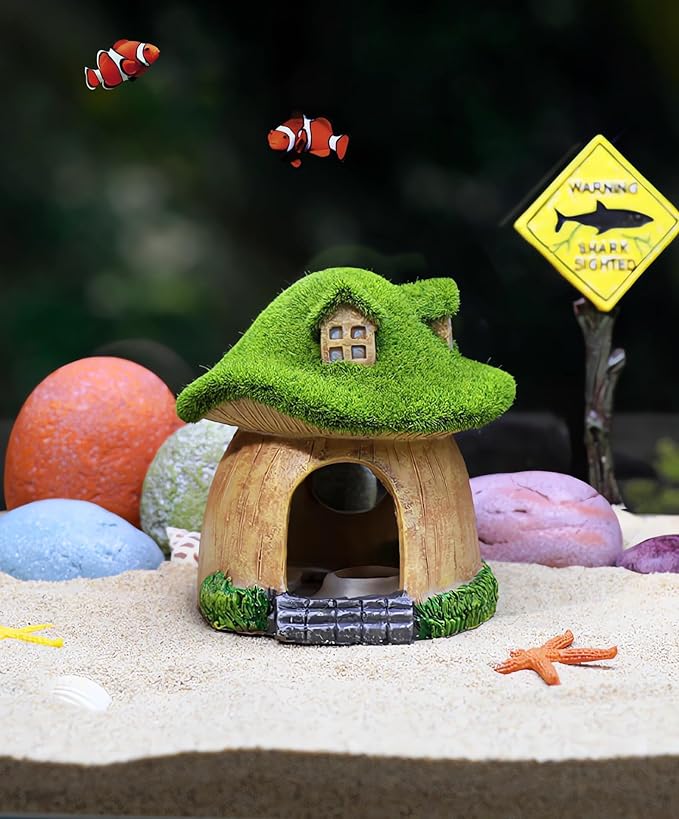 Fish House for Aquarium Aquarium Decorations Fish Hideout Mushroom Fish Tank House with Lifelike Moss (Mushroom)