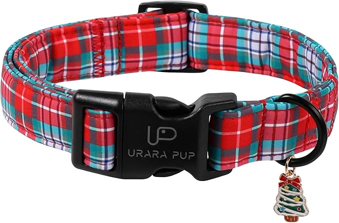 Christmas Dog Collar, Red and Green Plaid Adjustable Pet Collar with Snowflake Charm, Holiday Dog Accessories for Small Medium Large Dogs