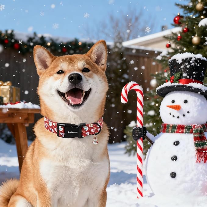 DOGWONG Red Christmas Dog Collar, Cute Snowman Dog Collar Durable Soft Fabric Pet Dog Collars Boy Puppy Necklace for Small Medium Large Dogs,Large