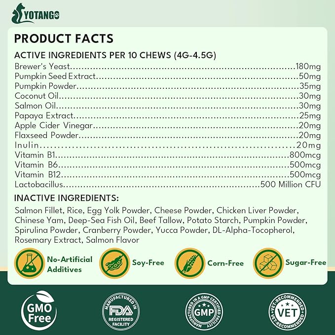 YOTANGO Cat Flea Treatment Crunchy & Creamy Chewables, 500 Chews Natural Flea and Tick Prevention for Cats + Skin and Coat Support, Daily Oral Supplement Chewables for Cats and Kittens (Salmon Flavor)