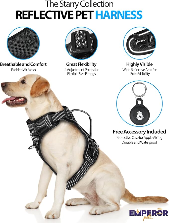 Emperor Pets Black Reflective Dog Harness Medium Sized Dog - No Pull Dog Harness with 2 Leash Clips, Premium Oxford Soft Padded Harness Medium Size Dog, No Choke Design, Medium Dog Harness (M, Black)