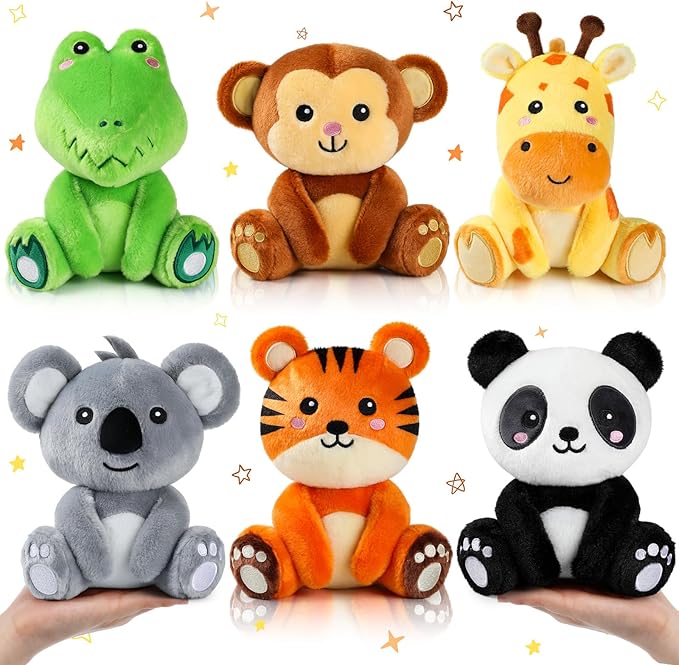 6 Pcs Small Stuffed Safari Animals Bulk, 7 Inch Jungle Animals Stuffed Toys, Plush Panda Crocodile Monkey Giraffe Tiger Elephant for Baby Shower Safari Jungle Themed Party Student Award