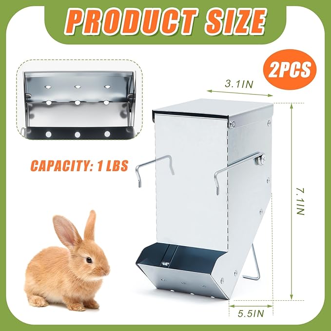 Maxcheck 2 Pcs Rabbit Feeder for Cages Small Animal Food Dispenser with Lid Metal Chicken Grit Oyster Shell Feeders Outside (3.2 Inches,Mesh Bottom,Silver)