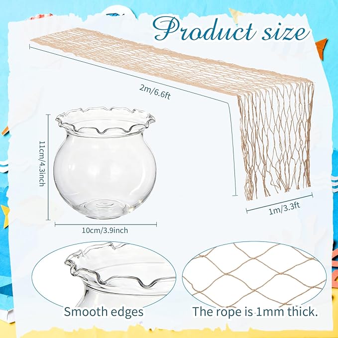SATINIOR Mini Plastic Fish Bowl with Fish Net Decor, 6 Small 0.18 Gallon Lace Bubble Bowl Pair with 6 Fishnet, for Ocean-Themed Aquarium Hawaiian Parties Banquets Mediterranean Style