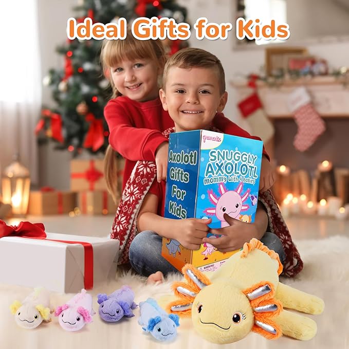 5 Pieces Axolotl Stuffed Animals with Babies Inside Belly - 1 Mommy Stuffed Axolotl with 4 babies - Yellow Axolotls Plush Toy for Kid Age 3-8, Gift Ideal for Christmas, Valentine's, Birthday
