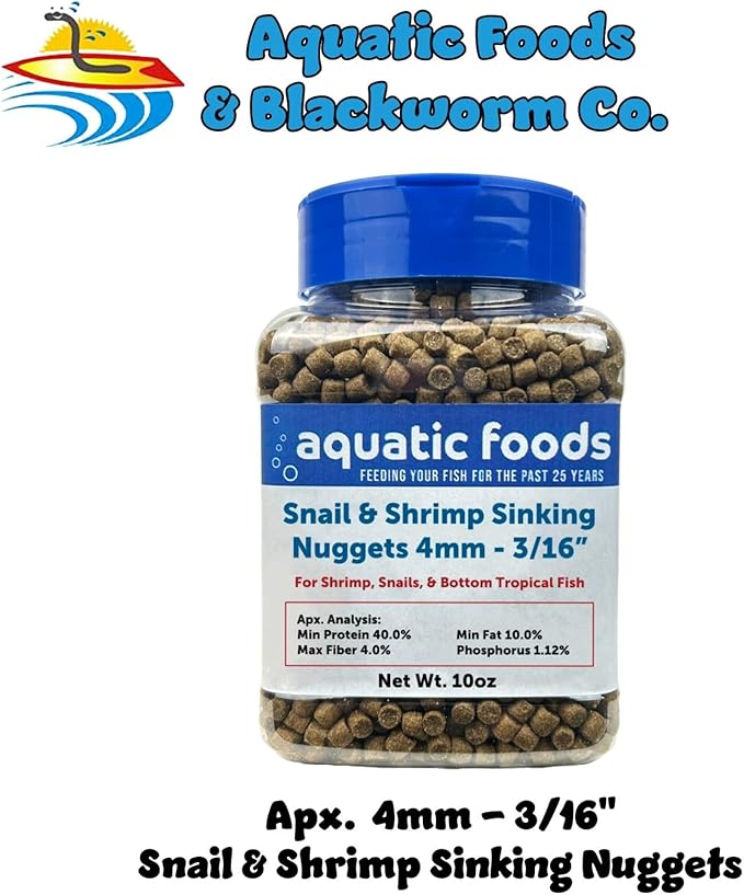 Aquatic Foods Inc. Snail & Shrimp 4mm Sinking 40% Protein Nuggets. Ideal for All Snails, Shrimp and Bottom Tropical Fish…10oz Jar