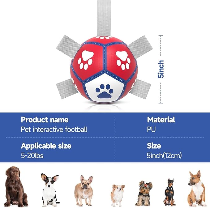 Diman Small Dog Toys Soccer Ball with Straps,Interactive Dog Balls for Tug of War, Yard Games, Dog Waterpool Toy, Herding Ball for Small Dogs, Pet Birthday Gifts Boredom Buster (5inch)
