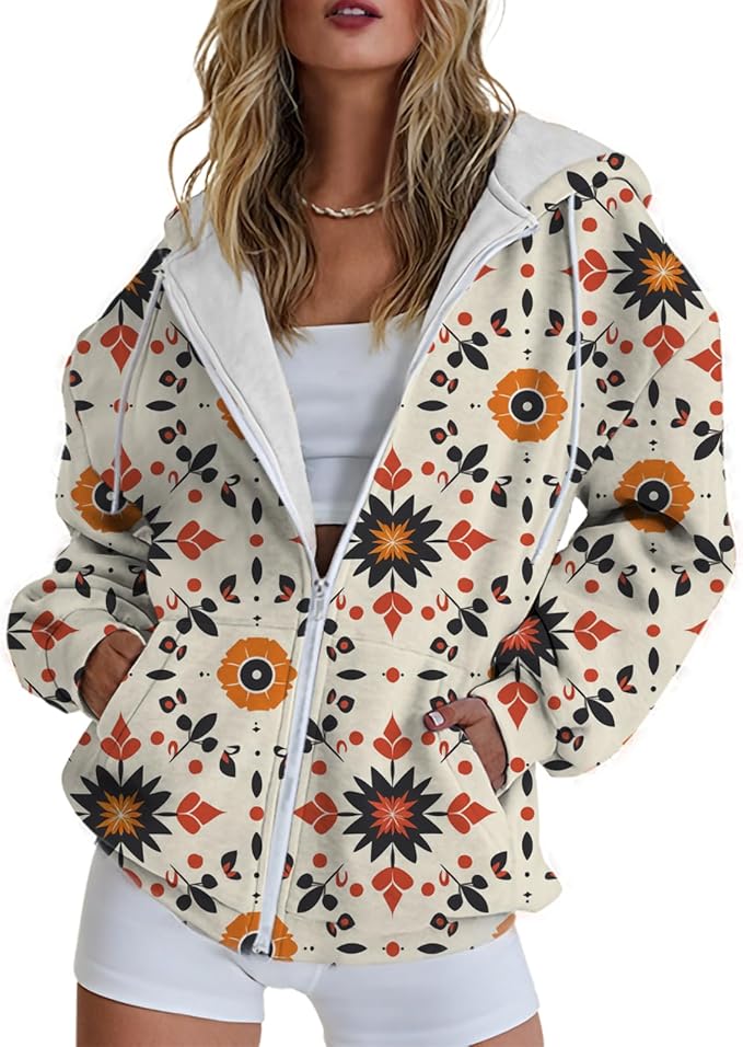 Hoodies for Women Zip Up Long Sleeve Hoodied Sweatshirt with Pockets Retro Graphic Women's Sweatshirt Trendy
