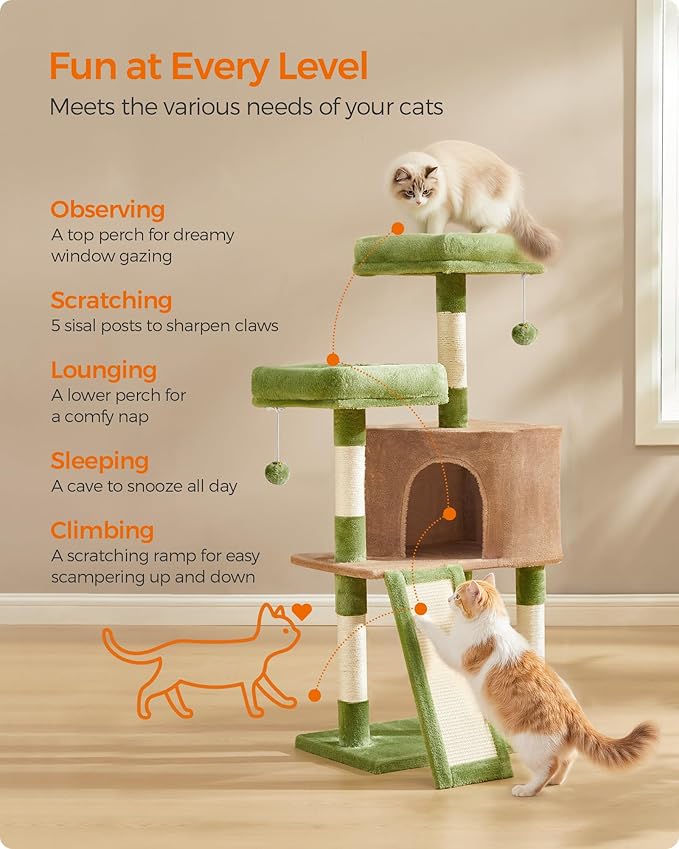 Feandrea Cat Tree Tower, 45.3-Inch Cat Condo with Scratching Post, Ramp, Perch, Spacious Cave, for Small Spaces, Grass Green and Camel Brown UPCT141CB03