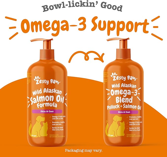 Zesty Paws Wild Alaskan Omega-3 Blend Pollock + Salmon Oil for Dogs and Cats- Skin and Coat Support, Omega 3 Supplement for Pets, 32oz