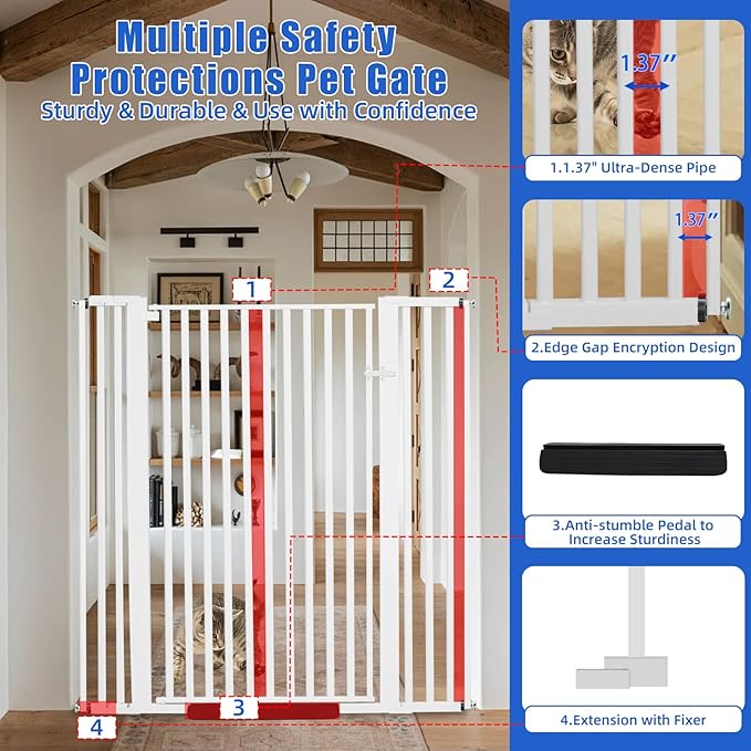 55 Inch Extra Tall Pet Gate for Cats,29.92"-43" Adjustable Wide Dog Gates,Pressure Mounted Walk Through Tall Pets Gate for Doorways,Hallway,Stairs(White)